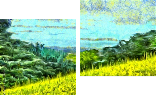 grass filled hillside against a background of trees and a blue sky - Two-piece canvas print, Diptych
