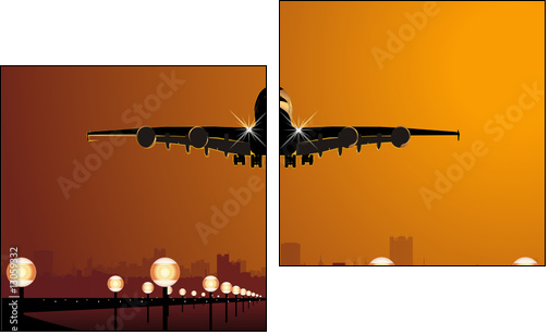 Vector airliner landing at sunset - Two-piece canvas print, Diptych