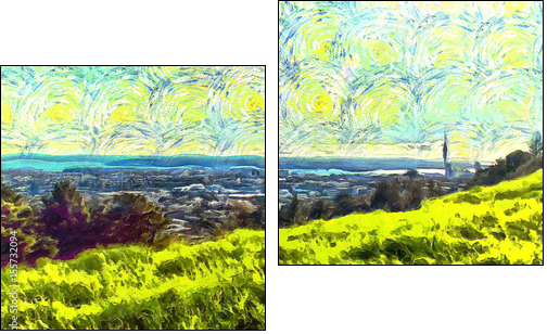 grass filled hillside against a background of trees and a blue sky with clouds - Two-piece canvas print, Diptych