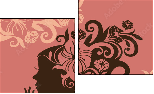 Beautiful woman silhouette with a flowers - Two-piece canvas print, Diptych