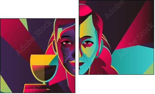 cubist colorful girl drinking wine - Two-piece canvas print, Diptych