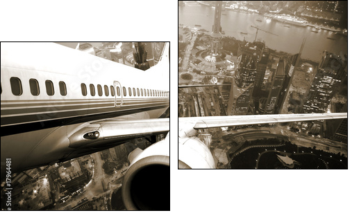 the airplane take off from the city night. - Two-piece canvas print, Diptych