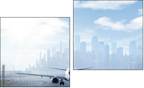 Big aircraft on runway in big city - Two-piece canvas print, Diptych