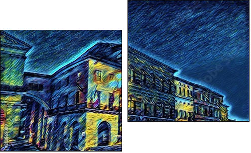 Ponte di mezzo in Pisa, Italy. Old houses at embankment. Italian bridge. Big size oil painting fine art in Vincent Van Gogh style. Modern impressionism drawn. Creative artistic print or poster. - Two-piece canvas print, Diptych