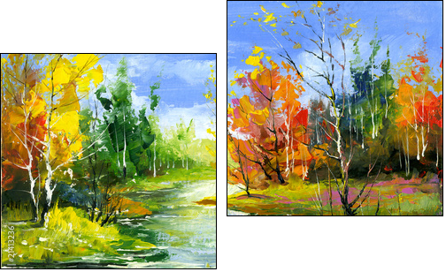 Autumn landscape with the wood river - Two-piece canvas print, Diptych