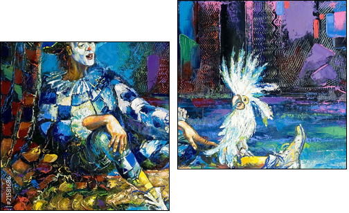 The harlequin and a white parrot - Two-piece canvas print, Diptych