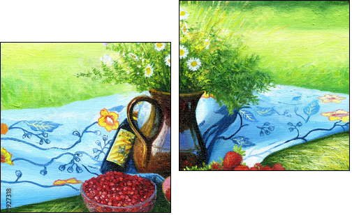 Still-life with camomiles and a strawberry - Two-piece canvas print, Diptych