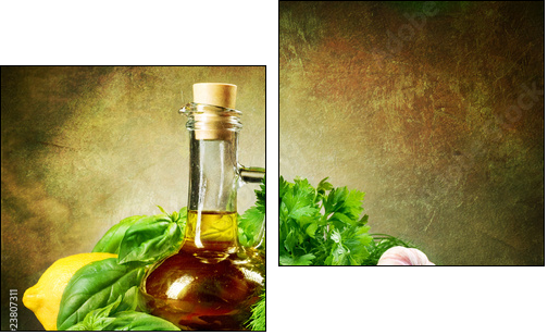 Healthy Vegetables and Olive Oil.Vintage Styled - Two-piece canvas print, Diptych