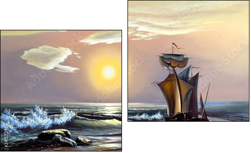 Sailing boat against the coming sun - Two-piece canvas print, Diptych