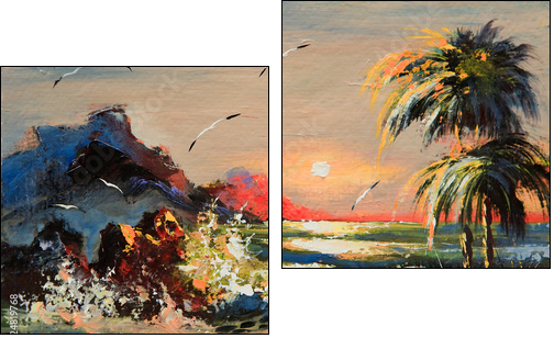 Sea landscape with palm trees and seagulls - Two-piece canvas print, Diptych