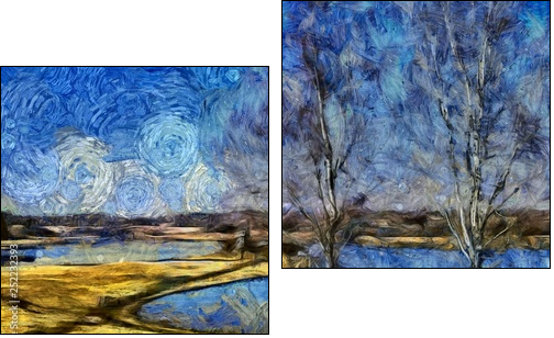 Incredible beauty of nature landscape. Spring season. Impressionism oil painting in Vincent Van Gogh modern style. Creative artistic print for canvas or textile. Wallpaper, poster or postcard design. - Two-piece canvas print, Diptych