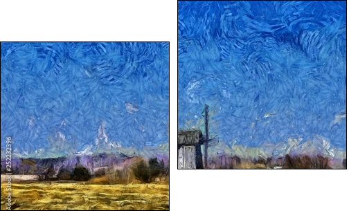 Nature landscape and old historical mill in village. Impressionism oil painting in Vincent Van Gogh modern style. Creative artistic print for canvas or textile. Wallpaper, poster or postcard design. - Two-piece canvas print, Diptych