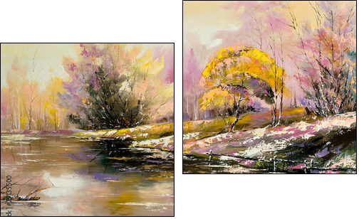 Autumn landscape with snow and the river - Two-piece canvas print, Diptych