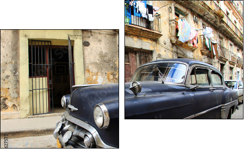 A classic old car is black color parked in front of the building - Two-piece canvas print, Diptych