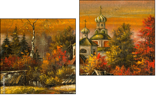 Ancient picture. Church in village - Two-piece canvas print, Diptych