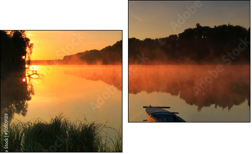 Boat on the shore of a misty lake - Two-piece canvas print, Diptych
