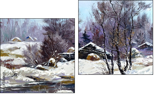 Small house in winter village - Two-piece canvas print, Diptych