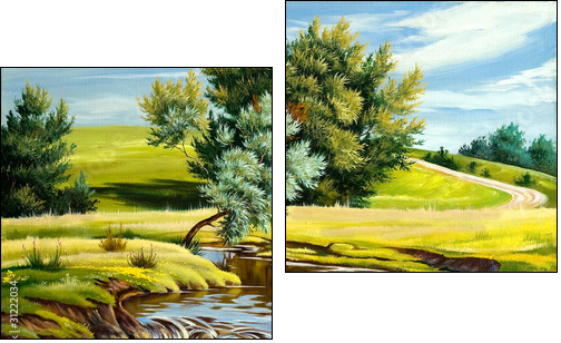 Summer landscape with the river - Two-piece canvas print, Diptych