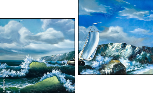 Lonely sailing vessel in the storming sea - Two-piece canvas print, Diptych