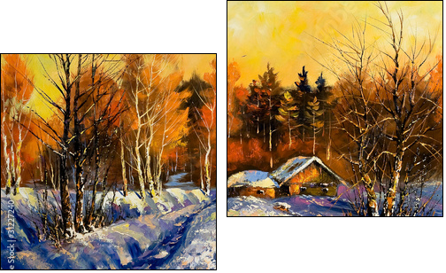 Evening in winter village - Two-piece canvas print, Diptych
