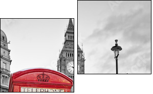 Red phone booth in London with the Big Ben in black and white - Two-piece canvas print, Diptych