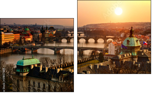 Panoramic view on Charles bridge and sunset Prague lights. - Two-piece canvas print, Diptych