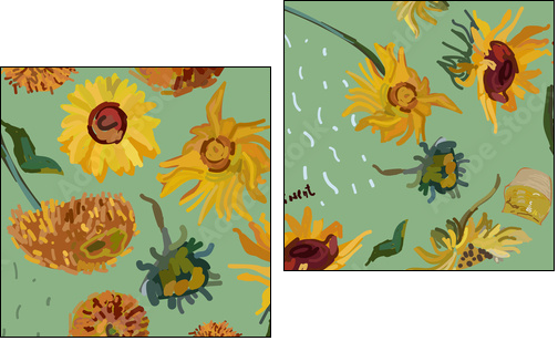 Sunflower flowers on a background of sea green. Vector illustration based on the painting of Van Gogh. - Two-piece canvas print, Diptych