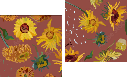 Sunflower flowers on a background of sea green. Vector illustration based on the painting of Van Gogh. - Two-piece canvas print, Diptych