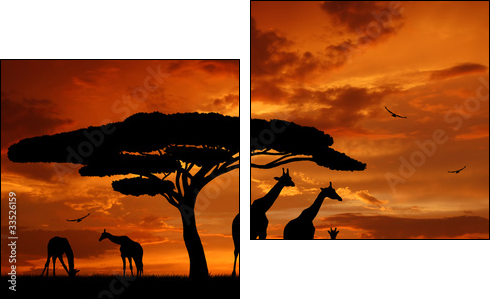 herd of giraffes in the setting sun - Two-piece canvas print, Diptych