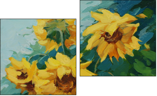field with sunflowers drawn on a canvas oil,  illustration, pain - Two-piece canvas print, Diptych