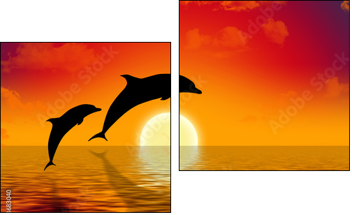 illustration of two dolphins swimming in sunset - Two-piece canvas print, Diptych