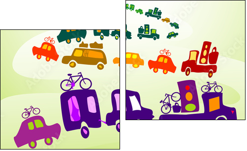 cars caravan, Group of kids playing in a landscape - Two-piece canvas print, Diptych