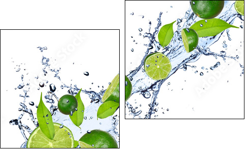 Limes falling in water splash, isolated on white background - Two-piece canvas print, Diptych