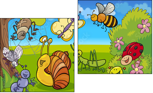 cartoon insects on the meadow - Two-piece canvas print, Diptych