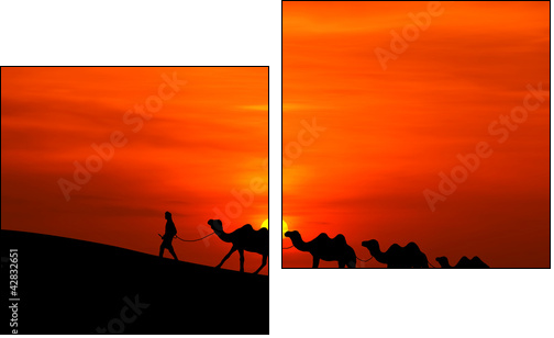 camel caravan sillhouette with sunset - Two-piece canvas print, Diptych