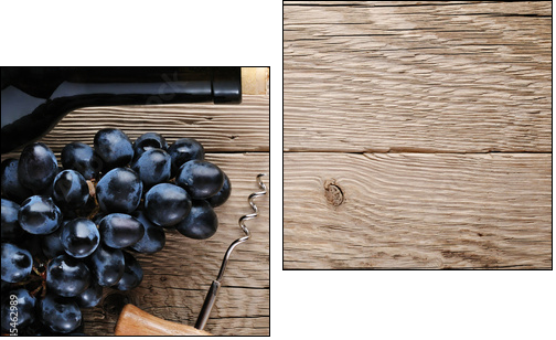 Bottle of wine, corkscrew and grape on wooden background - Two-piece canvas print, Diptych