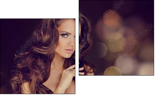 Fashion lady, sensual brunette woman with shiny curly silky hair - Two-piece canvas print, Diptych