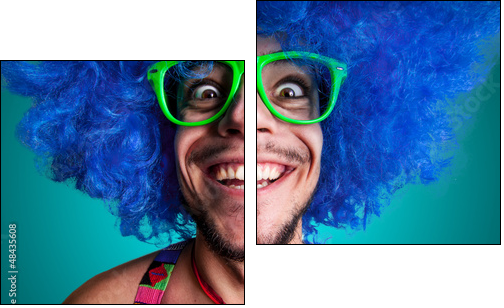Funny guy naked with blue wig and red tie - Two-piece canvas print, Diptych