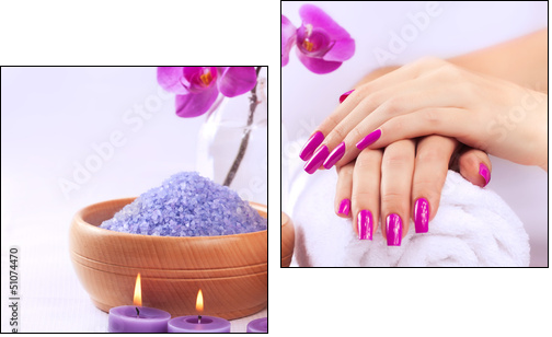 female hands with fragrant orchid and towel. Spa - Two-piece canvas print, Diptych