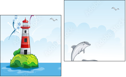 Children's illustration of the lighthouse and the sea dolphins. - Two-piece canvas print, Diptych