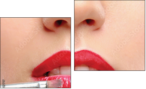 Woman's lips holding make up brush - Two-piece canvas print, Diptych