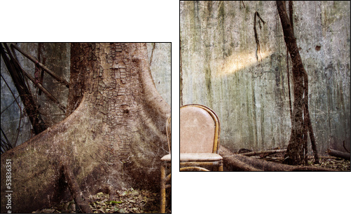 the tree, the old chair and the ruined wall - Grunge textured - Two-piece canvas print, Diptych