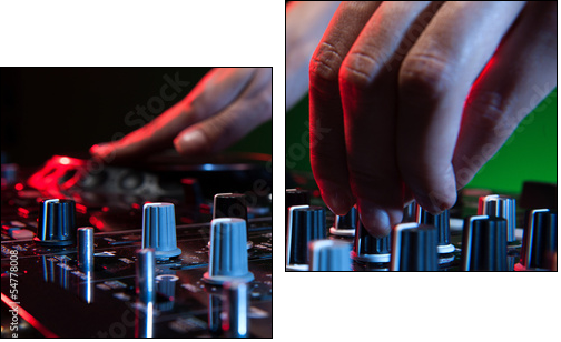 DJ at work. Close-up of DJ hands making music - Two-piece canvas print, Diptych