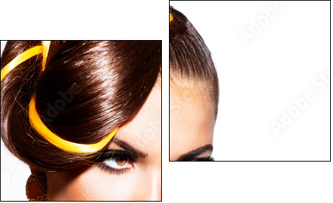 Fashion Model Girl Portrait with Yellow and Orange Makeup - Two-piece canvas print, Diptych