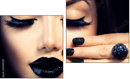 Beauty Fashion Girl with Trendy Caviar Black Manicure and Makeup - Two-piece canvas print, Diptych