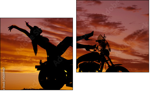 silhouette woman motorcycle heels up hands back - Two-piece canvas print, Diptych