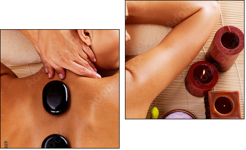 Adult woman having hot stone massage in spa salon - Two-piece canvas print, Diptych