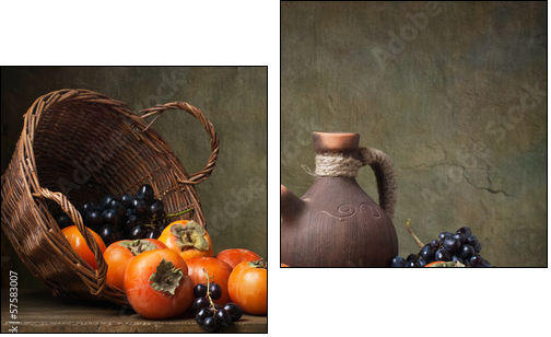 Still life with persimmons and grapes on the table - Two-piece canvas print, Diptych