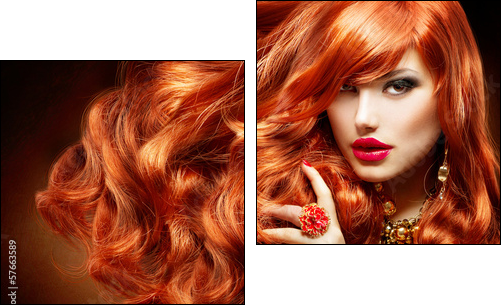 Long Curly Red Hair. Fashion Woman Portrait - Two-piece canvas print, Diptych