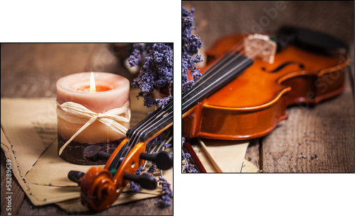 Vintage composition with violin and lavender - Two-piece canvas print, Diptych
